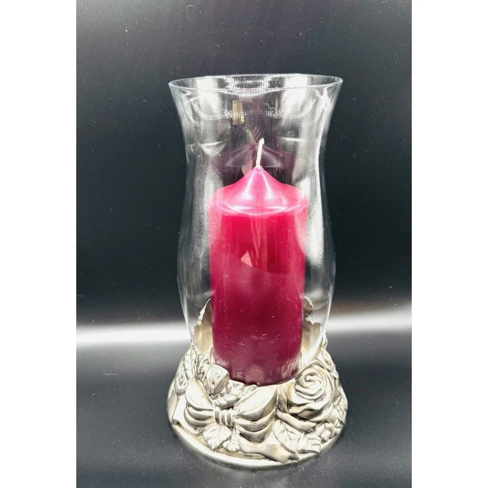 Vintage Silver Tone Rose Bow Hurricane Candle Holder Glass Chimney 10” Floral